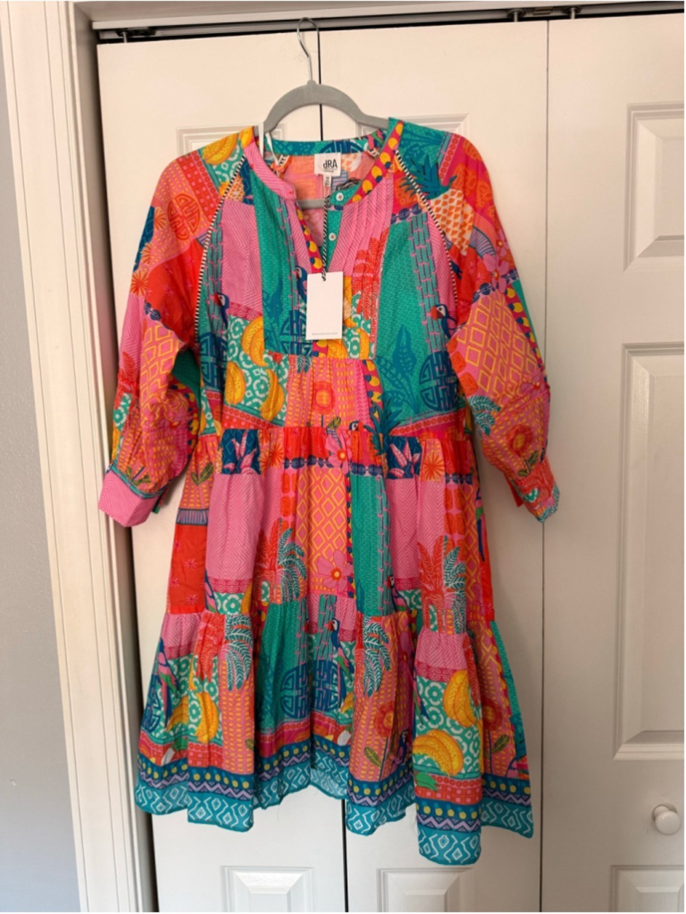 Women's dRA Mini Dress Size M Orange Pink Patchwork Print - Picture 5 of 7